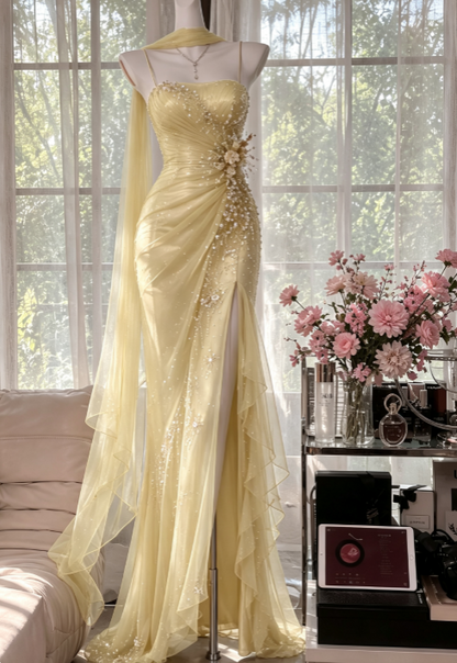 Vintage Spaghetti-Träger Etui Chiffon Perlen Lang Abendkleid Rot Ballkleid ED08234