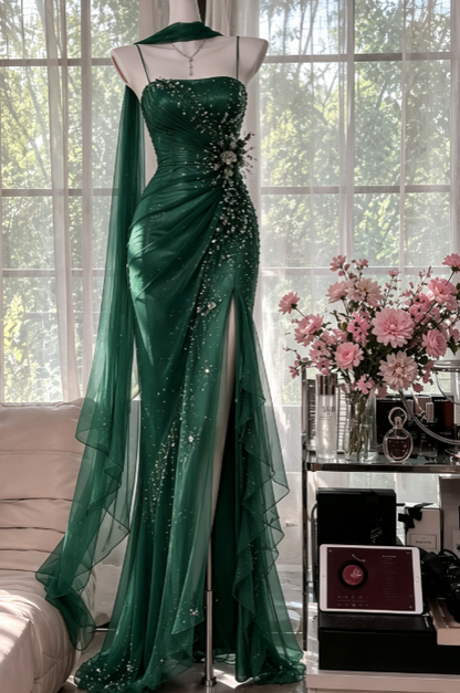 Vintage Spaghetti-Träger Etui Chiffon Perlen Lang Abendkleid Rot Ballkleid ED08234