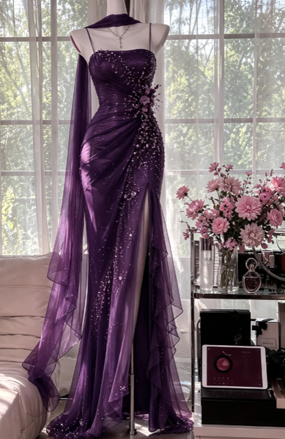 Vintage Spaghetti-Träger Etui Chiffon Perlen Lang Abendkleid Rot Ballkleid ED08234