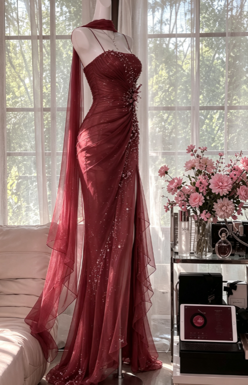 Vintage Spaghtti Straps Sheath Chiffon Beaded Long Evening Dress Red Prom Dress ED08234