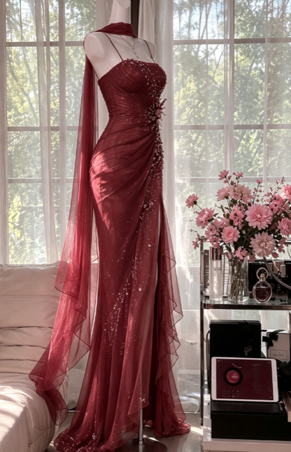 Vintage Spaghtti Straps Sheath Chiffon Beaded Long Evening Dress Red Prom Dress ED08234