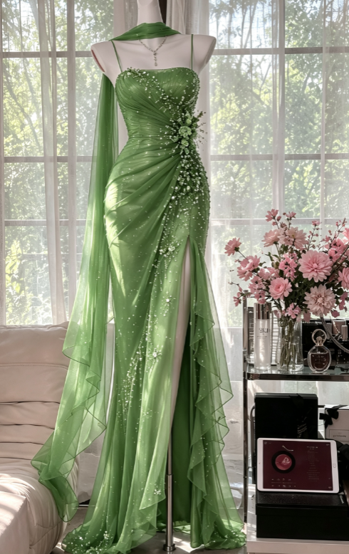 Vintage Spaghtti Straps Sheath Chiffon Beaded Long Evening Dress Red Prom Dress ED08234