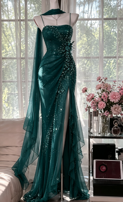 Vintage Spaghtti Straps Sheath Chiffon Beaded Long Evening Dress Red Prom Dress ED08234