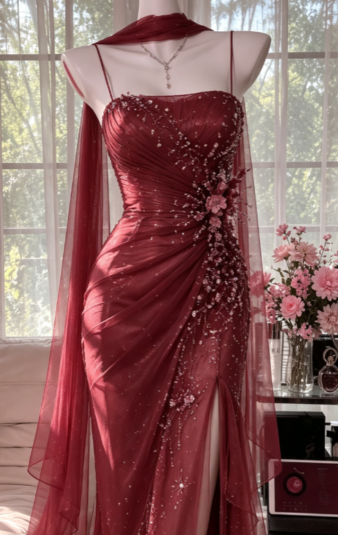 Vintage Spaghtti Straps Sheath Chiffon Beaded Long Evening Dress Red Prom Dress ED08234