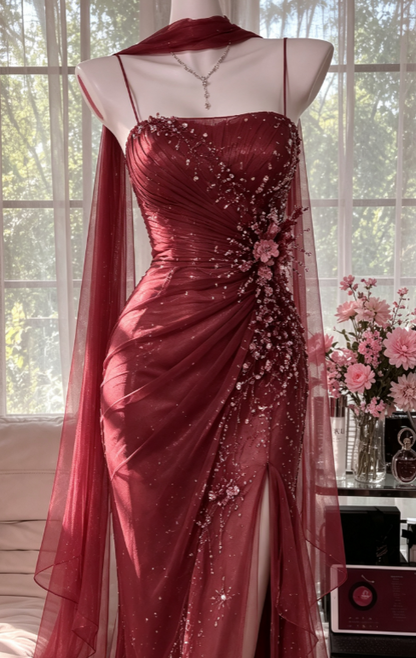 Vintage Spaghtti Straps Sheath Chiffon Beaded Long Evening Dress Red Prom Dress ED08234