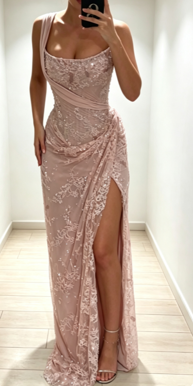 Elegantes, schulterfreies Etui-Abendkleid aus Spitze mit Applikationen, blaues Ballkleid ED08454