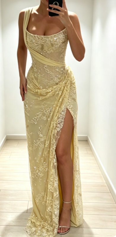 Elegantes, schulterfreies Etui-Abendkleid aus Spitze mit Applikationen, blaues Ballkleid ED08454