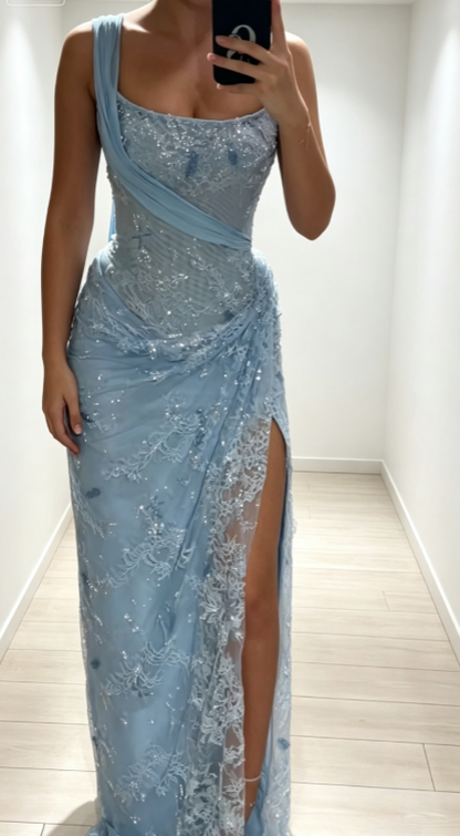 Elegantes, schulterfreies Etui-Abendkleid aus Spitze mit Applikationen, blaues Ballkleid ED08454