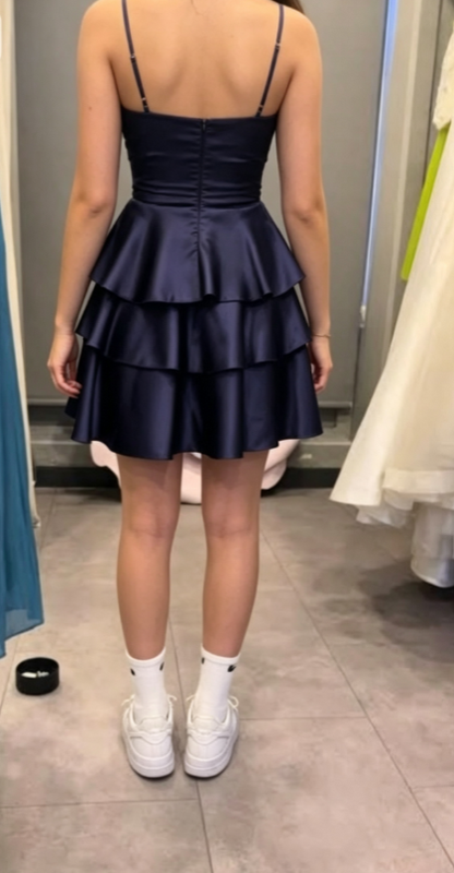 Sexy marineblaues Heimkehrkleid Träger A-Linie Satin Sommerurlaubskleid Ärmelloses Partykleid ED08698