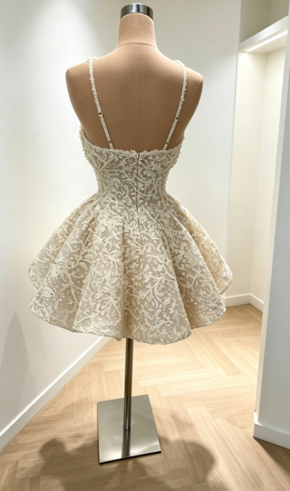 Robe de soirée chic blanche en V, ligne A, robe de bal courte en dentelle ED08884