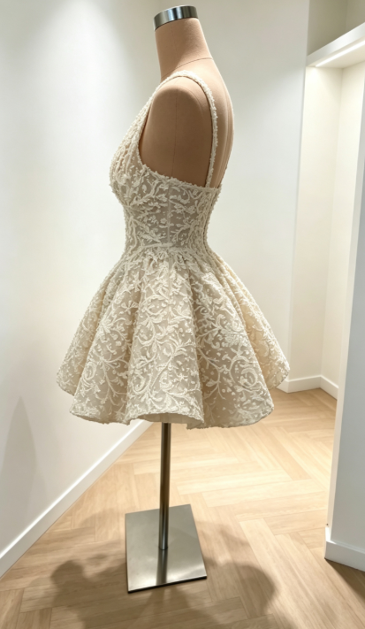 Robe de soirée chic blanche en V, ligne A, robe de bal courte en dentelle ED08884