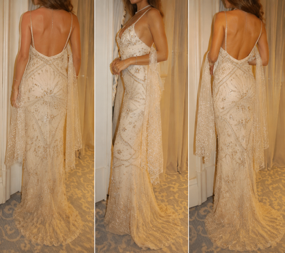 Chic Champagne Prom Dress Straps Sheath Chiffon Beaded Long Evening Dress ED09516
