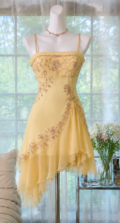 Vintage Yellow Short Homecoming Dress Straps A-line Dress for Party Beaded Chiffon Birthday Dress ED09553