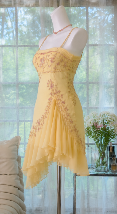 Vintage Yellow Short Homecoming Dress Straps A-line Dress for Party Beaded Chiffon Birthday Dress ED09553