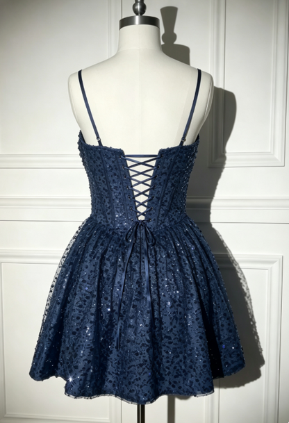 Chic Navy Blue Short Homecoming Dress A-line Sequins Birthday Dress ED09728