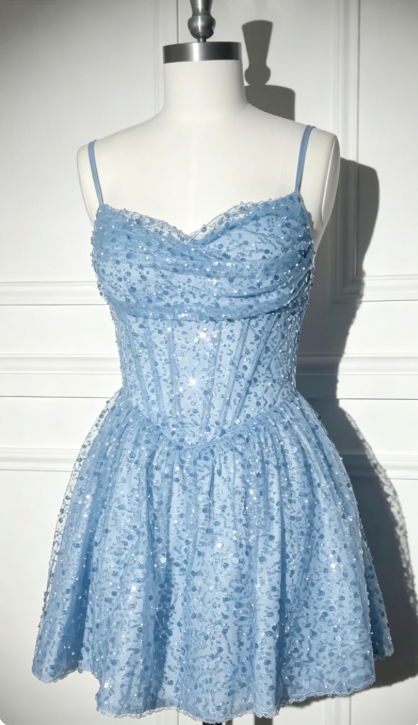 Chic Navy Blue Short Homecoming Dress A-line Sequins Birthday Dress ED09728