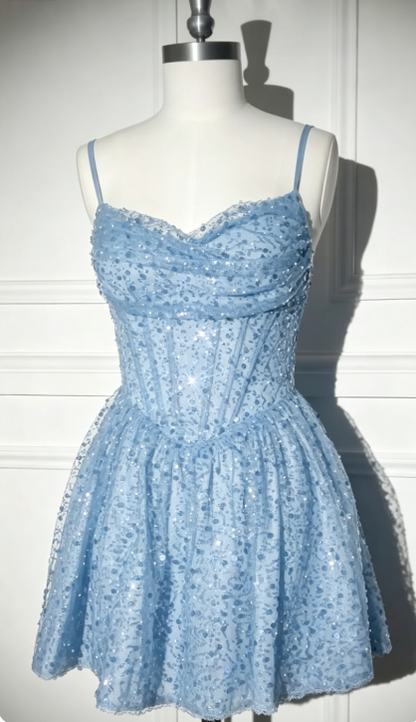 Chic Navy Blue Short Homecoming Dress A-line Sequins Birthday Dress ED09728