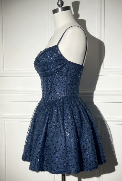 Chic Navy Blue Short Homecoming Dress A-line Sequins Birthday Dress ED09728
