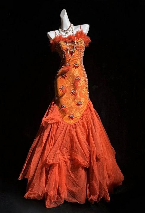 Jolie robe de bal fourreau orange en tulle, longue robe de soirée ED11552