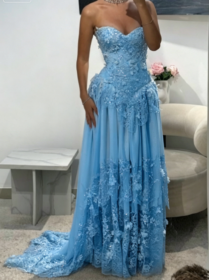 Fairy Strapless Sheath Lace Applique Long Prom Dresses, Yellow Formal Evening Dresses EP04058