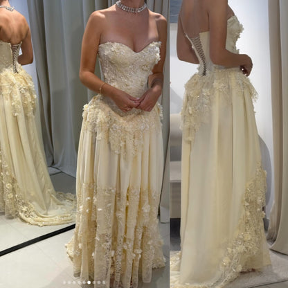 Fairy Strapless Sheath Lace Applique Long Prom Dresses, Yellow Formal Evening Dresses EP04058