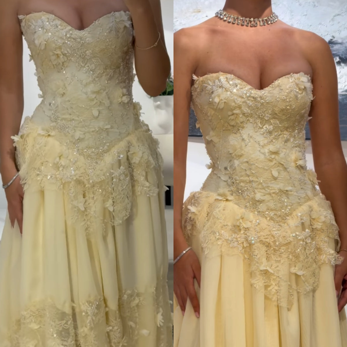 Fairy Strapless Sheath Lace Applique Long Prom Dresses, Yellow Formal Evening Dresses EP04058