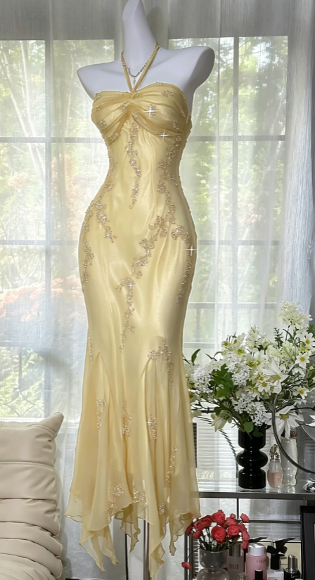 Vintage Halter  Mermaid Long Prom Dresses Chiffon Beaded Dark Green Long Formal Dresses EP04752