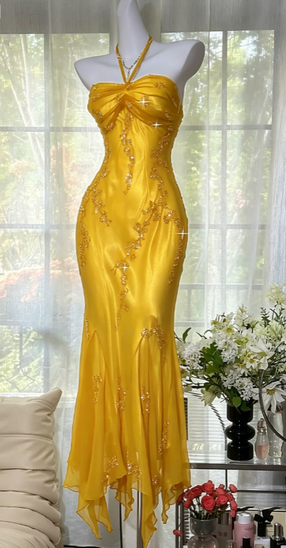Vintage Halter  Mermaid Long Prom Dresses Chiffon Beaded Dark Green Long Formal Dresses EP04752