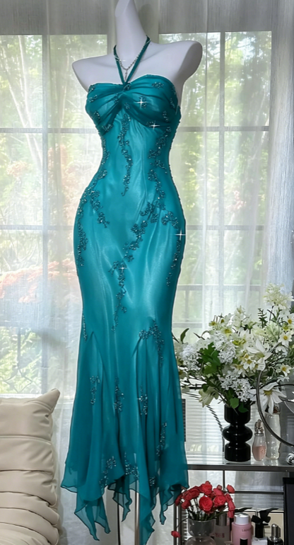 Vintage Halter  Mermaid Long Prom Dresses Chiffon Beaded Dark Green Long Formal Dresses EP04752