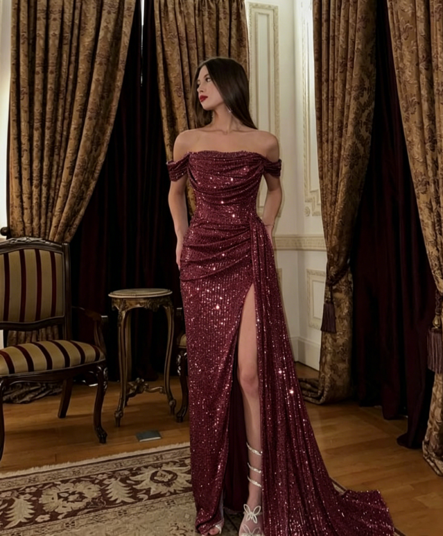 Glam Off-the-shoulder Sheath Blue Long Prom Dresses with Slit Sequins Blue Wedding Guest Dresses EP05114