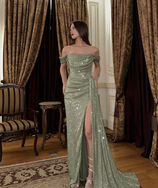 Glam Off-the-shoulder Sheath Blue Long Prom Dresses with Slit Sequins Blue Wedding Guest Dresses EP05114