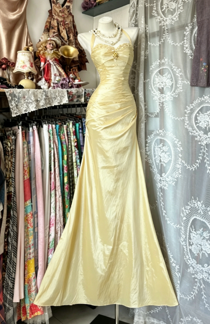 Vintage Halter Sheath Long Prom Dresses Beaded Satin Blue Evening Dresses Sleeveless Birthday Dresses EP05396