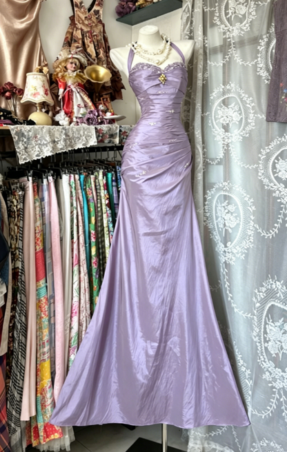Vintage Halter Sheath Long Prom Dresses Beaded Satin Blue Evening Dresses Sleeveless Birthday Dresses EP05396