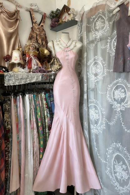 Elegant Halter Mermaid Long Prom Dresses Satin Royal Blue Evening Dresses with Open Back EP05561