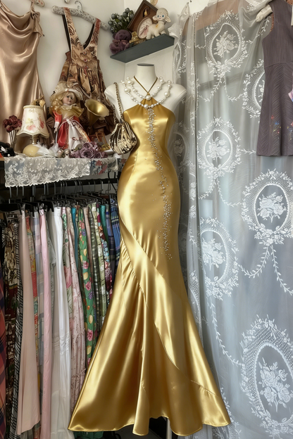Elegant Halter Mermaid Long Prom Dresses Satin Royal Blue Evening Dresses with Open Back EP05561