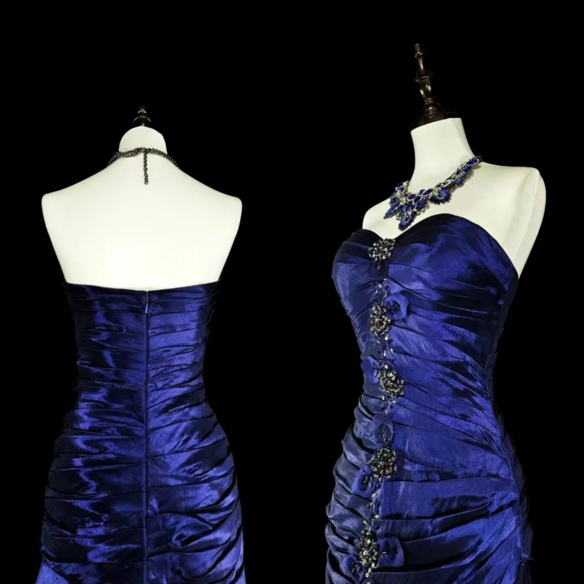 Vintage Strapless Sheath Long Prom Dresses Satin Navy Blue Evening Dresses Sleeveless Navy Blue Birthday Dresses EP05675