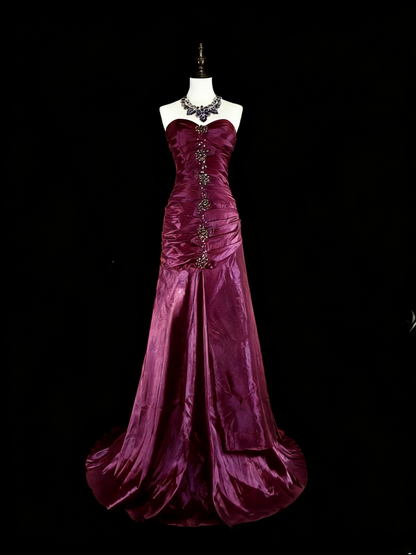 Vintage Strapless Sheath Long Prom Dresses Satin Navy Blue Evening Dresses Sleeveless Navy Blue Birthday Dresses EP05675