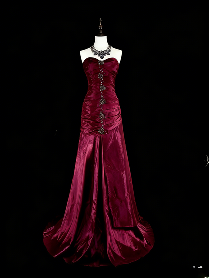 Vintage Strapless Sheath Long Prom Dresses Satin Navy Blue Evening Dresses Sleeveless Navy Blue Birthday Dresses EP05675