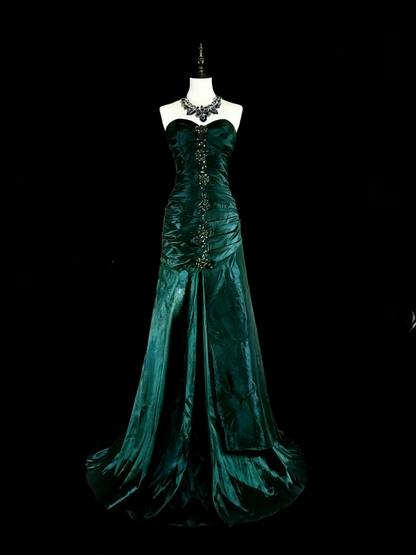 Vintage Strapless Sheath Long Prom Dresses Satin Navy Blue Evening Dresses Sleeveless Navy Blue Birthday Dresses EP05675