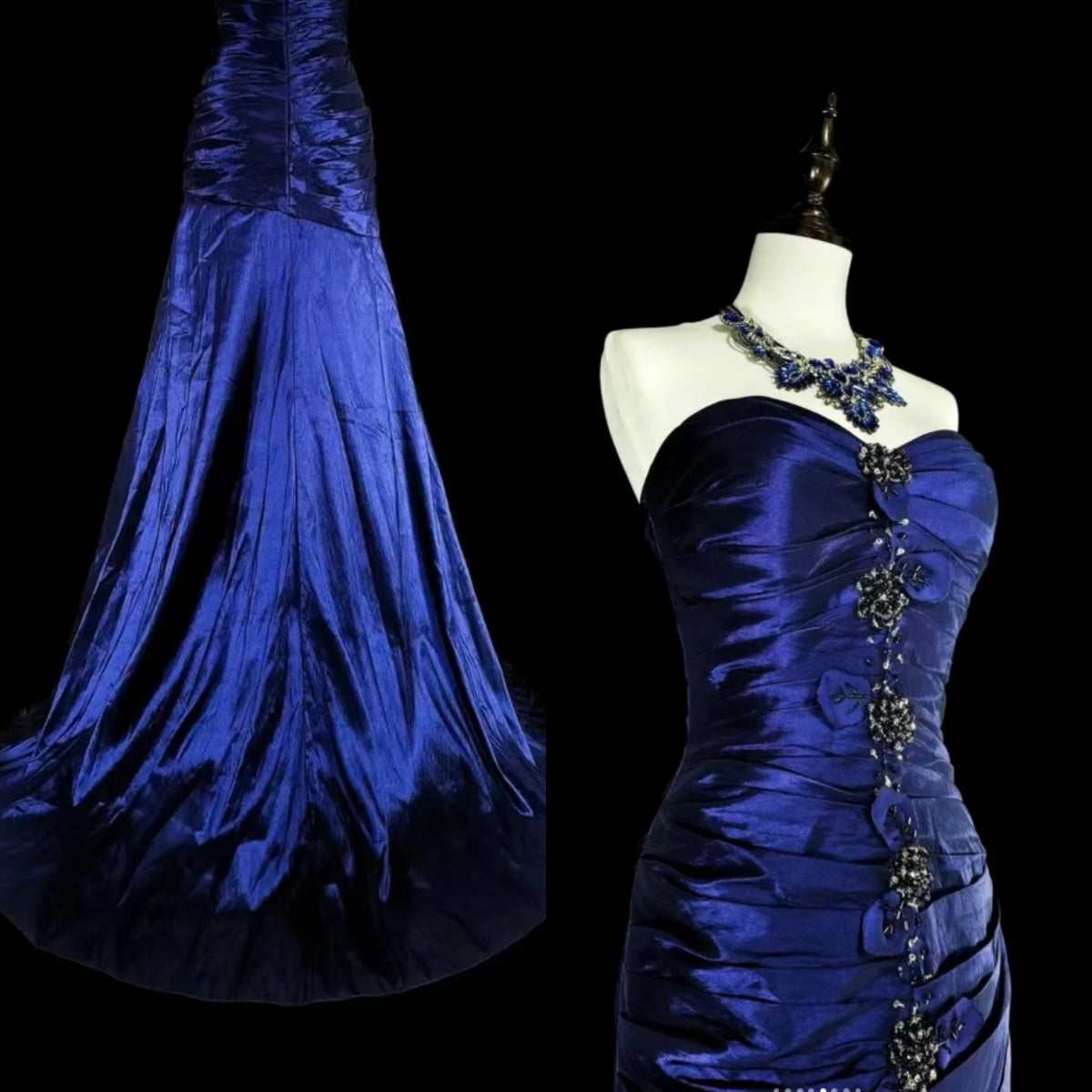 Vintage Strapless Sheath Long Prom Dresses Satin Navy Blue Evening Dresses Sleeveless Navy Blue Birthday Dresses EP05675