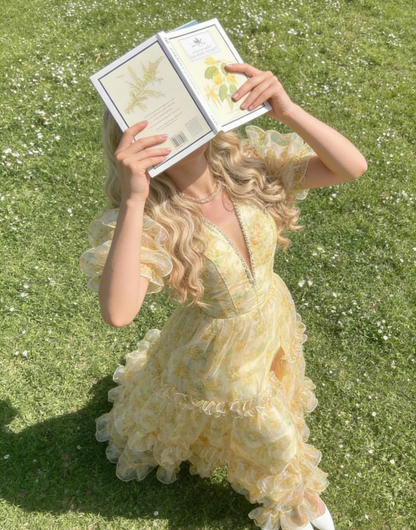 Fairy A-Line Long Yellow Prom Dresses Floral Tulle Evening Dresses Yellow Christmas Party Dresses   EP05685