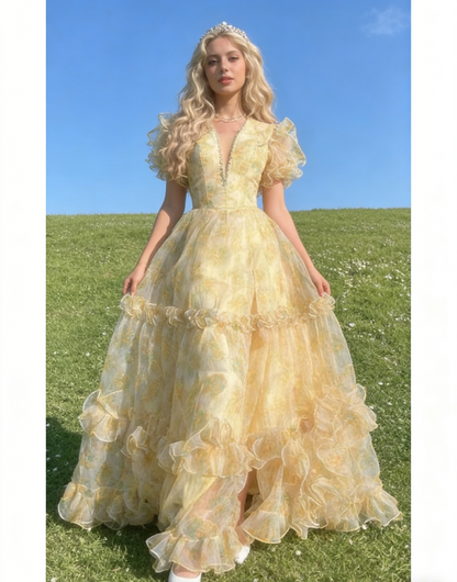 Fairy A-Line Long Yellow Prom Dresses Floral Tulle Evening Dresses Yellow Christmas Party Dresses   EP05685