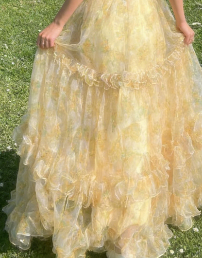 Fairy A-Line Long Yellow Prom Dresses Floral Tulle Evening Dresses Yellow Christmas Party Dresses   EP05685