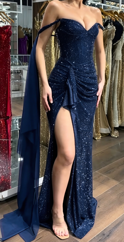 Elegant Burgundy Sheath Long Prom Dresses Glitter Tulle Diamonds Off-shoulder  Evening Dresses with Slits EP06029