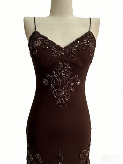 Chic Brown Long Prom Dresses Sheath Spaghetti Straps Birthday Dresses Beaded Chiffon Sleeveless Evening Dresses EP06044