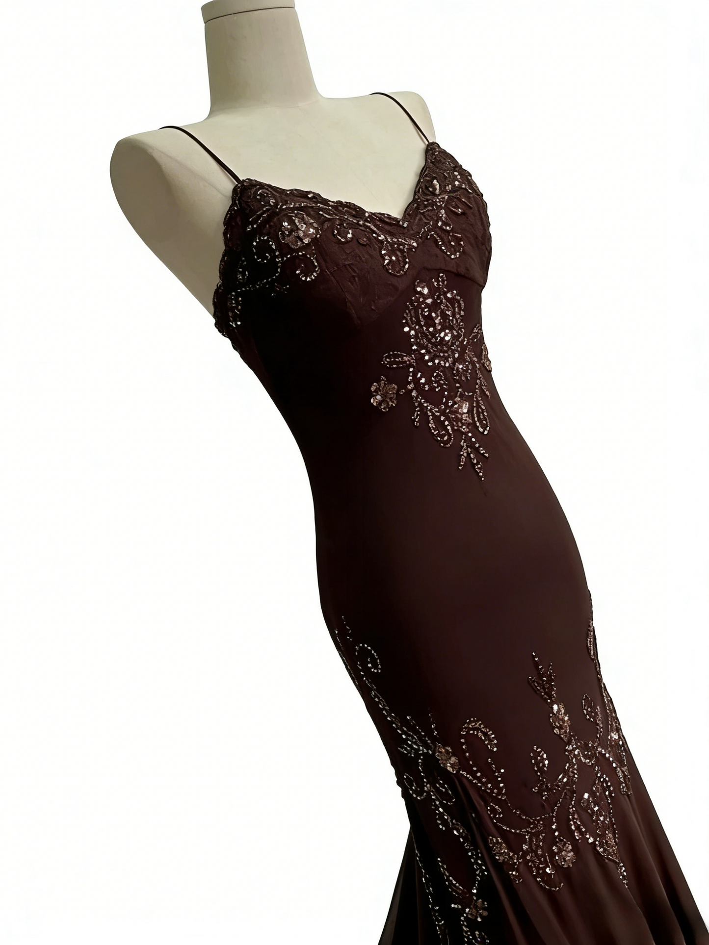 Chic Brown Long Prom Dresses Sheath Spaghetti Straps Birthday Dresses Beaded Chiffon Sleeveless Evening Dresses EP06044