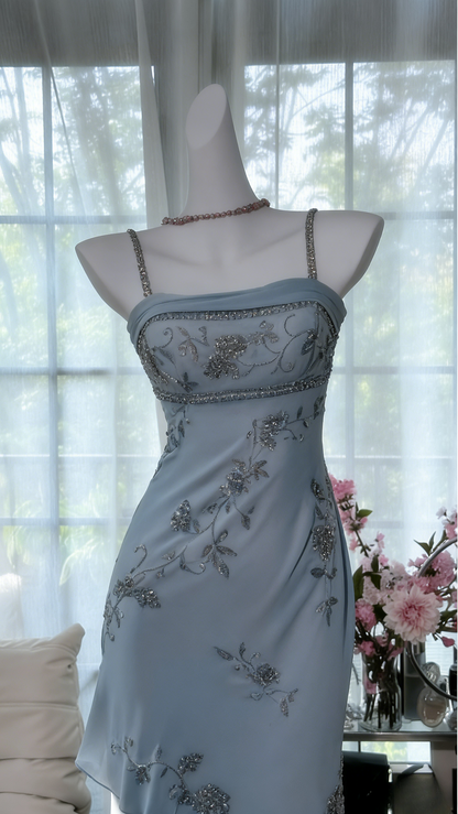 Vintage Spaghetti Straps Sheath Long Prom Dresses Chiffon Beaded Green Formal Dresses EP06060