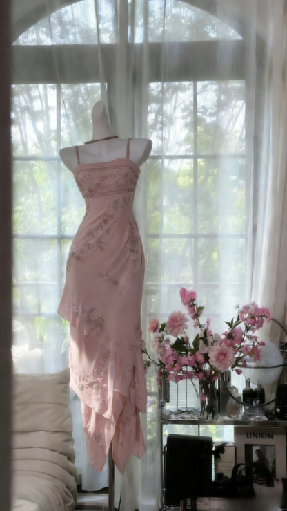 Vintage Spaghetti Straps Sheath Long Prom Dresses Chiffon Beaded Green Formal Dresses EP06060
