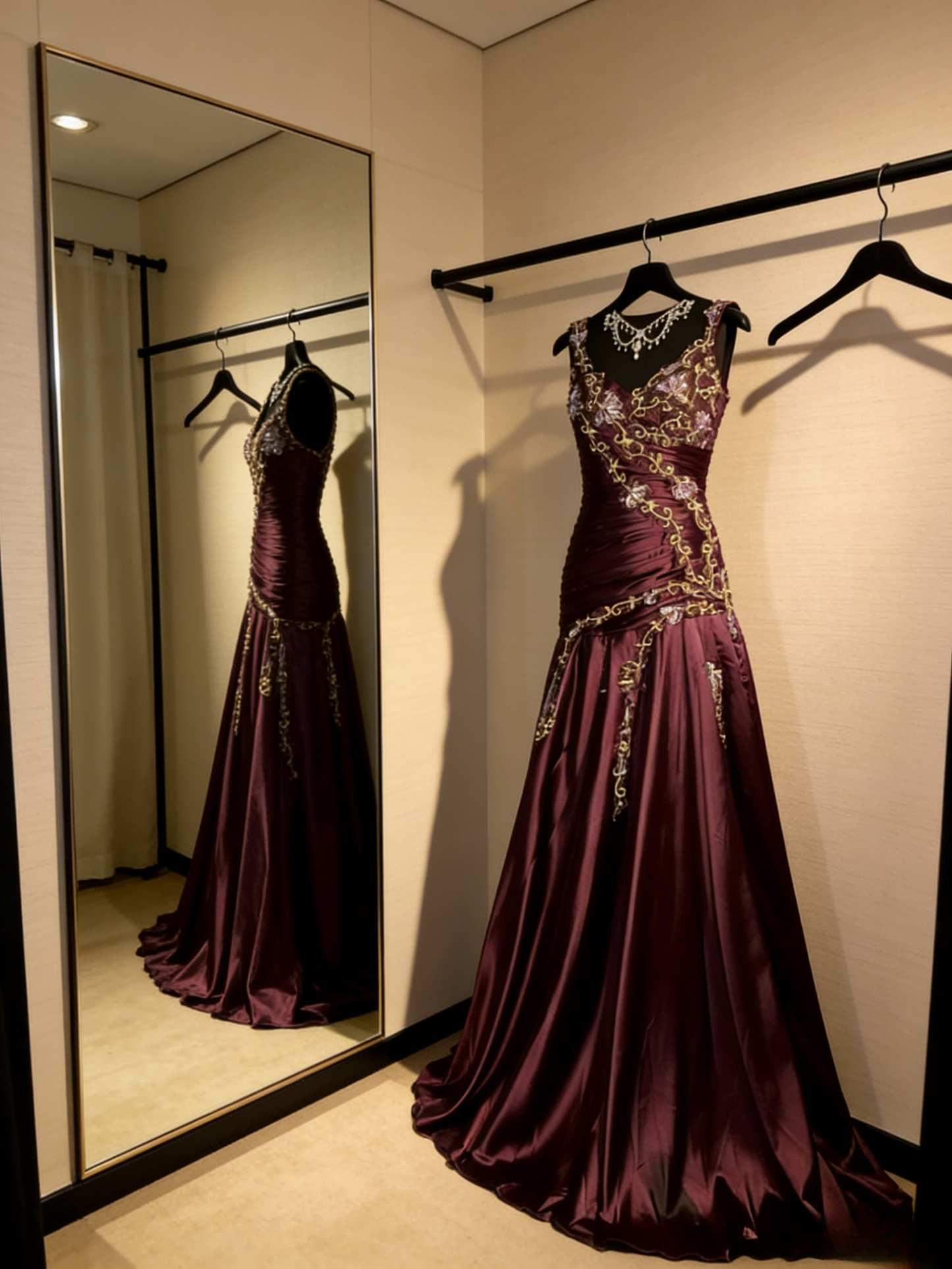 Chic Burgundy Formal Dresses, V-neck A-Line Long Prom Dresses, Embroidery Satin Sleeveless Evening Dresses EP06516