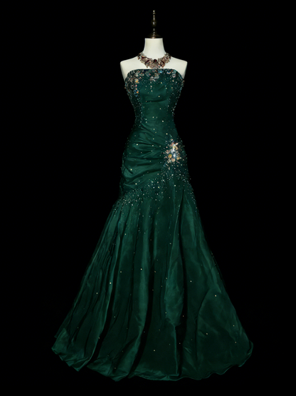 Glam Burgundy Long Prom Dresses Strapless Mermaid Evening Dresses Beaded Satin Sleeveless Formal Dresses EP06802